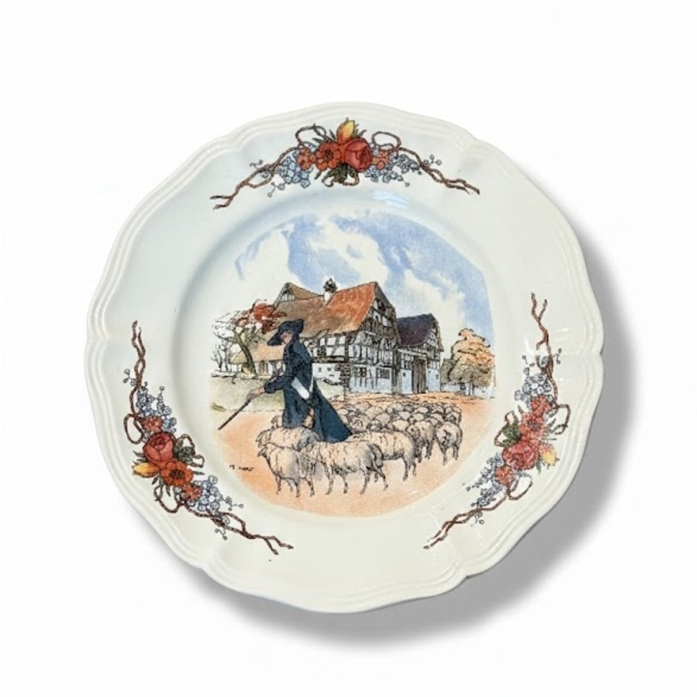 Decorative White and Blue Plate with Floral Design